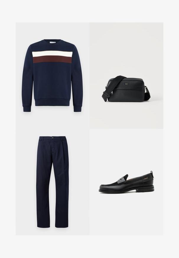 Marineblaues Sweatshirt mit einem Frontdesign aus horizontalen Streifen in Weiß, Burgunderrot und Olivgrün. Rundhalsausschnitt, gerippte Bündchen und Saum.; Navyblaue Hosen aus einem glatten Stoff, mit geradem Beinverlauf, Knopfverschluss und einer einzigen vorderen Falte.; Schwarzer Lederloafer mit grauem Riemendetail, niedrigem Absatz und strukturierter Sohle, seitlich mit „HUGO“ in Gold gebrandmarkt.; Schwarze, strukturierte Leder-Crossbody-Tasche mit vorderer Reißverschlusstasche und verstellbarem breitem Stoff-Schulterriemen auf weißem Hintergrund.