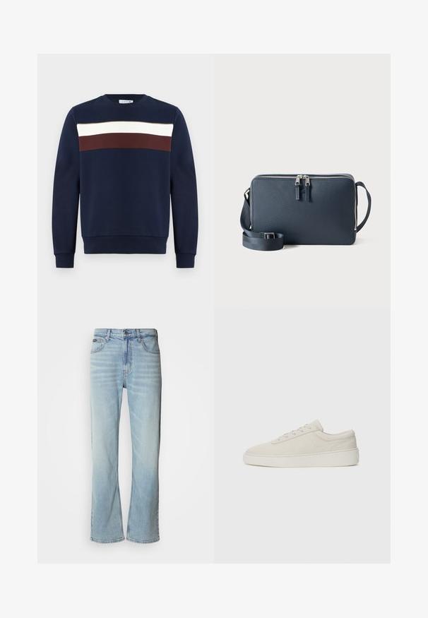 Marineblaues Sweatshirt mit einem Frontdesign aus horizontalen Streifen in Weiß, Burgunderrot und Olivgrün. Rundhalsausschnitt, gerippte Bündchen und Saum.; Hellblaue Jeans aus Denim mit geradem Bein, ausgestattet mit fünf Taschen, einem Knopfverschluss und subtilen Verwaschungen im Stoff.; Beige Sneaker mit glattem Wildlederfinish, runder Zehenpartie und flacher Gummisohle. Verfügt über eine Schnürung und ein minimalistisches Design mit subtiler Naht.; Navyblaue, strukturierte Handtasche mit Reißverschluss, zwei Reißverschlussz ziehern, verstellbarem Tragegurt und flachem Design, geeignet für den Freizeitgebrauch.