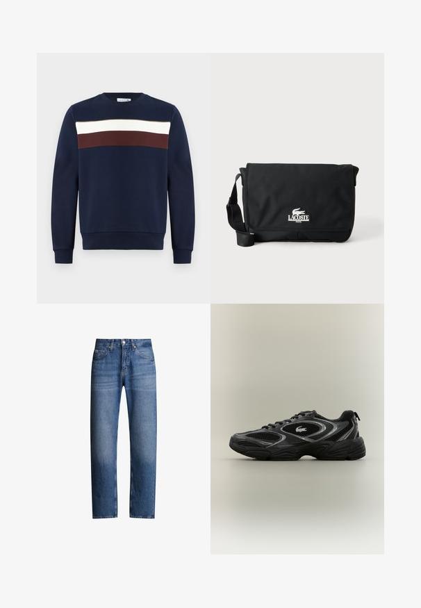 Marineblaues Sweatshirt mit einem Frontdesign aus horizontalen Streifen in Weiß, Burgunderrot und Olivgrün. Rundhalsausschnitt, gerippte Bündchen und Saum.; Blaue Jeans aus Denim mit geradem Schnitt, fünf Taschen und Reißverschluss. Verfügt über eine leichte Ausbleichung und Nähte entlang der Nähte.; Schwarzer und grauer Sportschuh mit Netzpaneelen, Schnürdesign, dicker Sohle und einem kleinen Krokodil-Logo an der Seite.; Schwarze Lacoste Messenger-Tasche mit vorderer Klappe und verstellbarem Schulterriemen, mit weißem Krokodil-Logo und dem Text "Lacoste Paris".