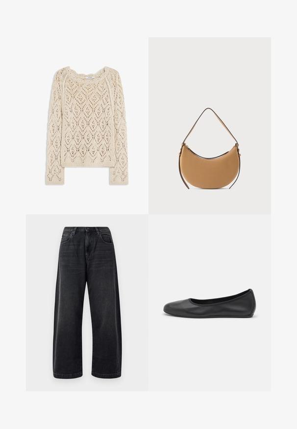 Pull en maille couleur crème avec motif ajouré en forme de losanges et manches longues, par Ivy Oak.; Jean noir à jambes larges en denim, présentant un design classique à cinq poches, un léger délavage et une fermeture à bouton à la taille.; Ballerines en cuir noir avec un bout rond, texture lisse, détails de couture minimalistes et design de semelle flexible.; Sac à main en cuir couleur tabac, de forme croissant, avec une seule bandoulière et une fermeture éclair, présenté sur un fond clair uni.
