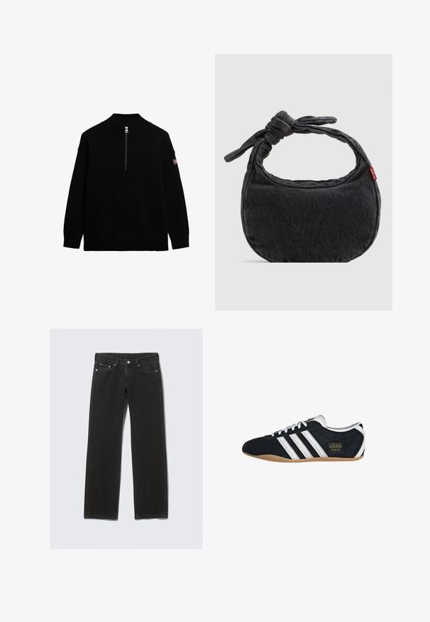 Pull en tricot noir avec un col montant et une fermeture éclair à l'avant. Poignets et ourlet à côtes. Présente un petit patch logo sur la manche.; Jean en denim noir à coupe droite avec cinq poches, fermeture à boutons et passants pour ceinture, présenté à plat sur un fond clair.; Sneakers en suede noir avec trois bandes blanches, logo doré et semelle en caoutchouc marron. Présente un design à lacets à profil bas.; Petit sac d'épaule en denim noir avec une sangle nouée et une fermeture éclair, arborant une étiquette en tissu rouge Levi's sur le côté.