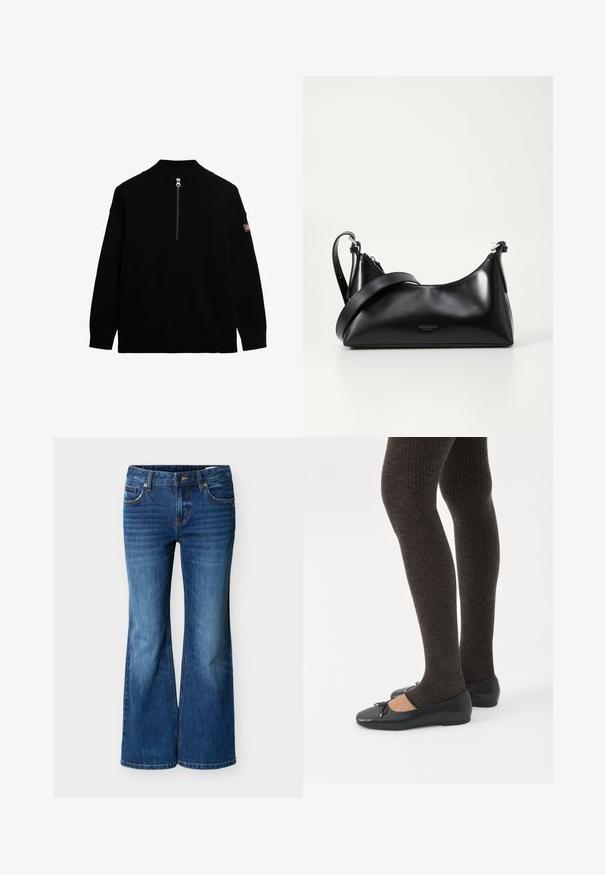 Pull en tricot noir avec un col montant et une fermeture éclair à l'avant. Poignets et ourlet à côtes. Présente un petit patch logo sur la manche.; Jean évasé bleu en denim, avec une taille mi-haute, un design à cinq poches et des coutures contrastantes le long des coutures.; Jambes portant des leggings côtelés foncés associés à des ballerines noires avec de petits détails en nœud sur fond blanc.; Sac à main en cuir noir avec une texture lisse. Dispose d'une bandoulière adjustable et d'un design élégant et minimaliste avec une fermeture éclair.
