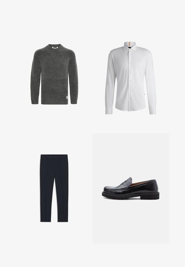 Grijze wollen trui met lange mouwen, ronde halslijn en ribgebreide manchetten. Beschikt over een klein label aan de onderkant. Zachte textuur.; Witte blouse met lange mouwen van zachte katoen, met een button-down kraag, een voorplacket met knopen en een klein logo-detail op de borst.; Marineblauwe, op maat gemaakte nette broek met voorplooi, riemlussen en een knoopsluiting in de taille.; Zwarte leren penny loafer met chunky rubberen zool en moc-toe stiksel, in profiel weergegeven op een witte achtergrond.