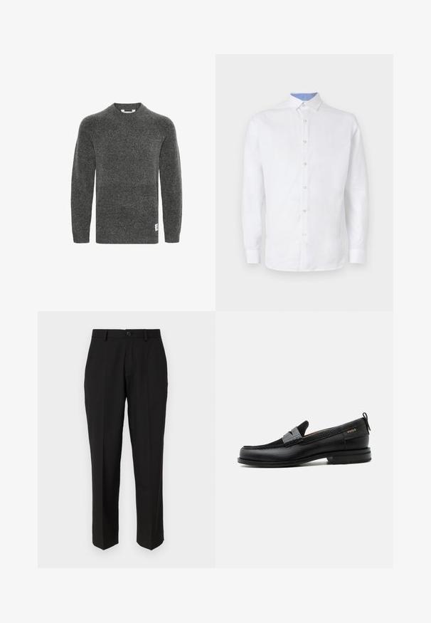 Suéter de lana gris con mangas largas, cuello redondo y puños acanalados. Presenta una pequeña etiqueta en el lado inferior. Textura suave.; Camisa blanca de manga larga con botones al frente, con un patrón a cuadros azul claro en el interior del cuello y los puños. Textura de tela suave.; Pantalones negros de tela suave, con un diseño de pierna recta, bolsillos delanteros, un cierre de botón y sin patrones visibles.; Mocasín de cuero negro con detalle de tira gris, tacón bajo y suela texturizada, con la marca "HUGO" en oro en el lateral.