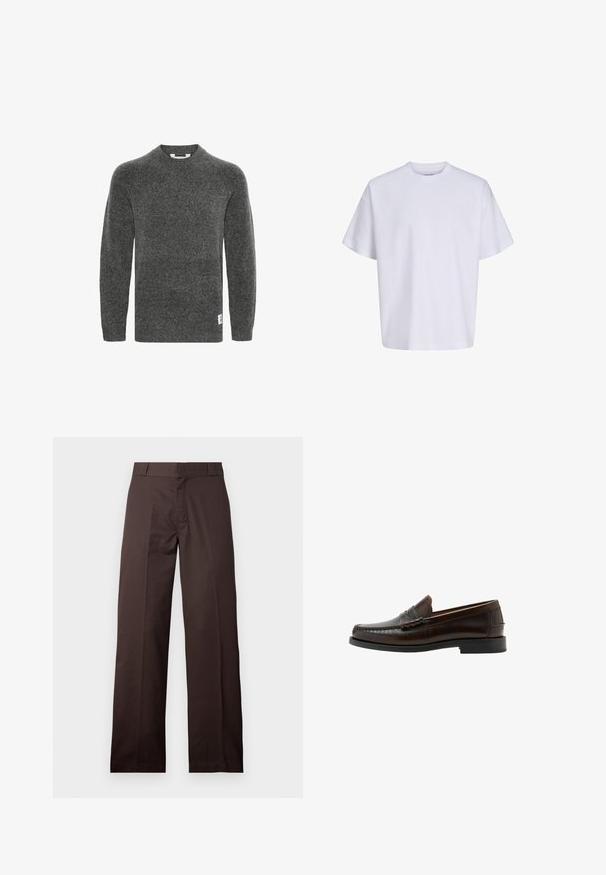 Grijze wollen trui met lange mouwen, ronde halslijn en ribgebreide manchetten. Beschikt over een klein label aan de onderkant. Zachte textuur.; Effen witte oversized T-shirt met korte mouwen, ronde hals en losse pasvorm tegen een witte achtergrond.; Bruine broek met rechte pijpen, riemlussen en een voorrits, getoond tegen een effen lichte achtergrond.; Donkerbruine leren penny loafer met gestikte moc-toe, lage hak en gladde afwerking, zijaanzicht op witte achtergrond.