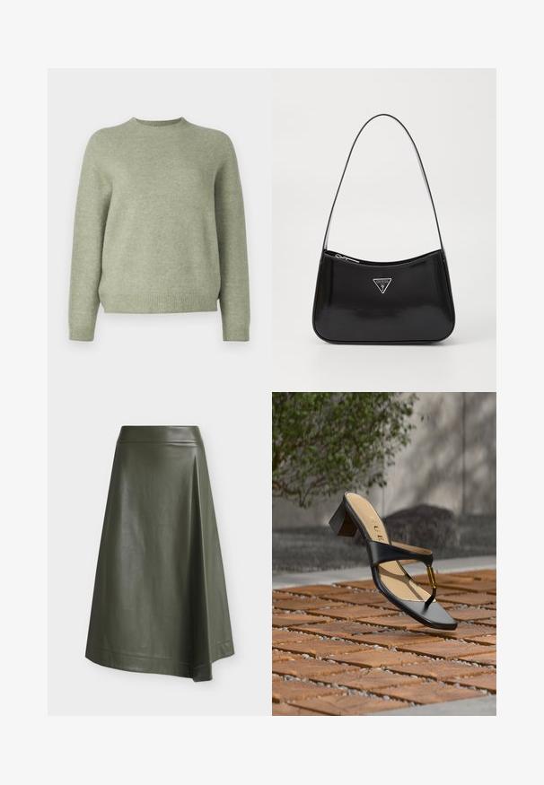 DRYKORN PEMIRI - Jersey de punto - green; Falda midi de piel sintética verde oliva con cintura entallada y ligera forma de línea A sobre un fondo liso.; Sandalia negra de tacón con lazo para el dedo y acento dorado, colocada sobre una superficie pavimentada de madera y piedra al aire libre cerca de vegetación.; Bolso de hombro de charol negro con forma curva, que presenta un logotipo triangular plateado y un cierre de cremallera. Textura suave y correa delgada.