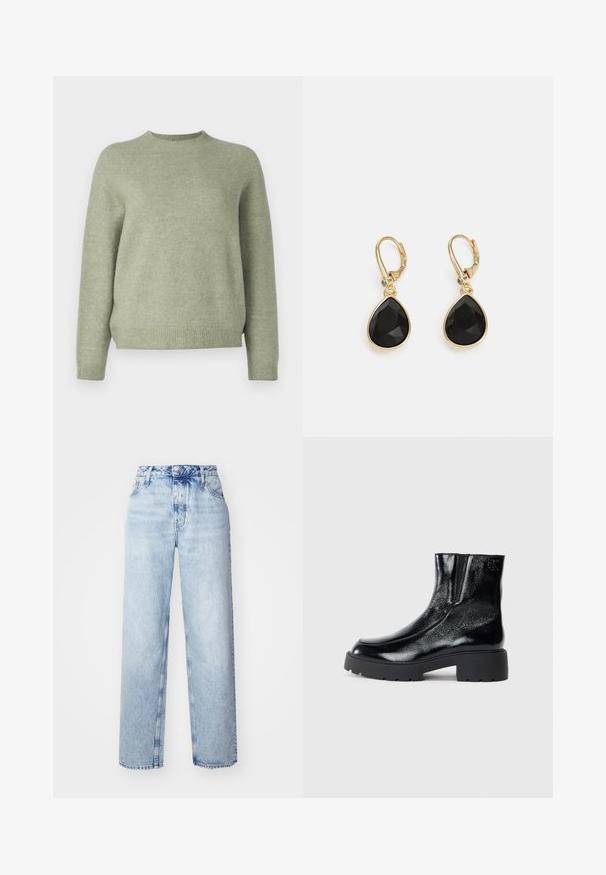 DRYKORN PEMIRI - Pullover - green; Jeans taille haute bleu clair avec une coupe ample, mettant en avant des jambes droites, cinq poches et une fermeture classique à boutons et zip.; Bottines noires avec une finition en cuir verni brillant, semelle en caoutchouc noir épaisse et talon surélevé ; inclut un détail de logo subtil sur le côté.; DKNY TEARDROP - Boucles d'oreilles - gold-coloured/black