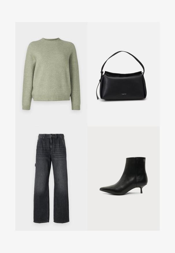 DRYKORN PEMIRI - Trui - green; Wijdvallende jeans in donkergrijs denim, met een hoge taille, zakken aan de voorkant en subtiele slijtage op de bovenbenen. Contrasterende stikseldetails.; Zwart leren enkellaars met puntige neus en lage kittenhak op lichte achtergrond, zijaanzicht buitenkant.; Zwarte leren handtas met een gebogen vorm, een enkele schouderband en een ritsluiting aan de bovenkant. Heeft een subtiel logo aan de voorkant voor branding.