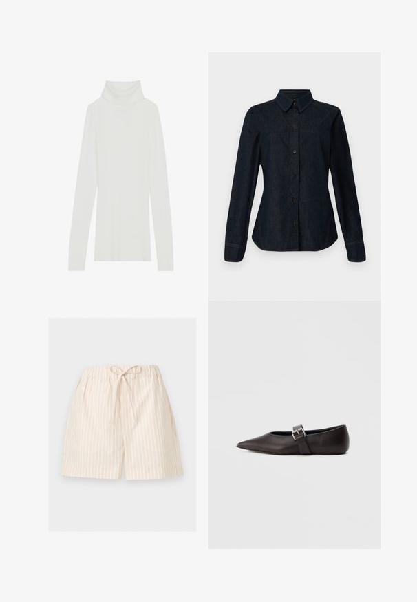 Valkoinen ribattu torkku, jossa on pitkät hihat, pehmeä tekstuuri ja korkea käärmehuppu. Neuleessa on tiukka malli eikä näkyviä kiinnityksiä.; CLOSED SEAMING SHIRT - Paitapusero - dark blue; Vaaleanbeiget väristä shortsit, joissa on ohuet pystysuorat raidat ja joustava vyötärö, joka on edestä solmittu rusetille, valkoisella taustalla.; Mustat nahkakengät terävällä kärjellä, ohuella hihnalla ja metallisella soljella sivulla. Sileä pinta ja minimalistinen muotoilu.