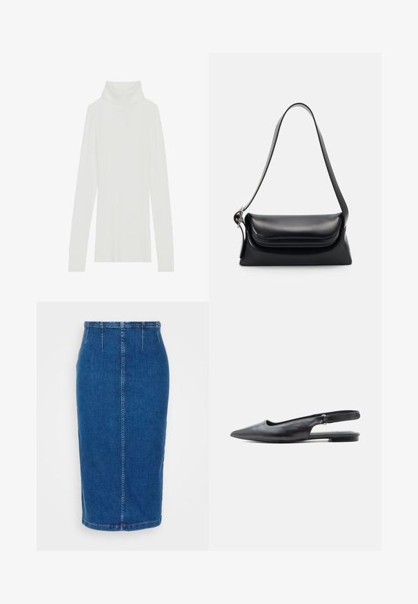 Suéter de cuello alto de canalé blanco con mangas largas, textura suave y un alto cuello enrollado, presentando un diseño ajustado y sin cierres visibles.; Falda lápiz de mezclilla en azul oscuro, diseño de talle alto con una forma recta. Presenta costuras visibles y una abertura en la parte posterior del dobladillo.; Zapato plano de piel negra con punta puntiaguda, talón bajo y tira ajustable en el talón sobre fondo claro.; Bolso de piel negra con una forma estructurada, una textura suave y una sola correa para el hombro. Presenta un diseño de tapa sutil y redondeado.