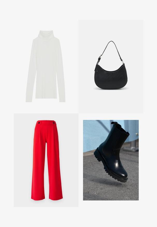 Hvid ribbet turtle neck striktrøje med lange ærmer, blød tekstur og høj rullekrave, der har en tætsiddende design uden synlige lukninger.; Røde vidde bukser med høj talje, prydet med to sorte knapper i taljen og i et glat, let stof.; Sort ankelstøvle i læder med elastiske sidepaneler, rund tå og en tyk, tekstureret sål. Glat finish med et minimalistisk design.; Sort hobo taske lavet af glat læder med en buet silhuet, der har en enkelt justerbar skulderrem og minimalistiske designdetaljer.