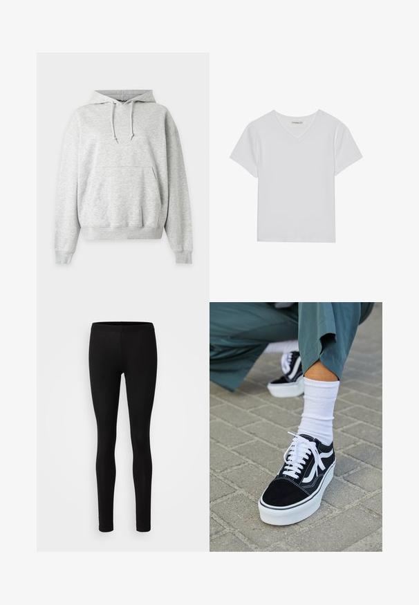 Sweat à capuche gris clair avec poche kangourou, capuche à cordon réglable et poignets et ourlet côtelés.; T-shirt blanc à manches courtes en V, en tissu côtelé. Présente un design épuré avec un ourlet droit et un minimum de détails.; Leggings noirs en tissu doux et extensible. Ils ont une coupe ajustée avec une taille élastique et une texture lisse et mate.; Baskets en suède noir avec des accents et des lacets blancs, présentant une épaisse semelle blanche et des coutures contrastantes, associées à une chaussette blanche.