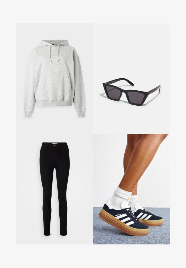 Sweat à capuche gris clair avec poche kangourou, capuche à cordon réglable et poignets et ourlet côtelés.; Jeans skinny noirs taille haute en denim. Comprend cinq poches et une fermeture à bouton en métal à l'avant. Texture lisse avec un design ajusté.; Jambes portant des chaussettes blanches et des baskets Adidas Gazelle noires avec des bandes blanches et des semelles épaisses marron sur un sol recouvert de moquette grise.; Lunettes noires angulaires avec des verres gris ; fabriquées en plastique, avec des branches épaisses à la surface lisse et sans matériel visible.