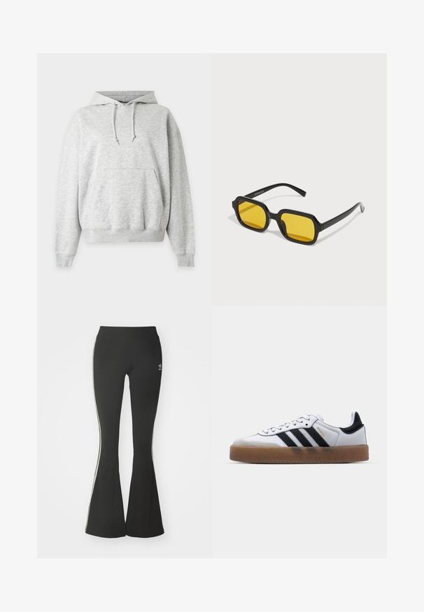 Sweat à capuche gris clair avec poche kangourou, capuche à cordon réglable et poignets et ourlet côtelés.; Leggings évasés noirs en tissu extensible, dotés d'une taille haute et de rayures blanches sur les côtés. Comprend un petit logo à la taille.; Baskets en cuir blanc avec des rayures noires, semelle extérieure en caoutchouc beige, bout rond, fermeture lacée et embout en suède gris doux.; Lunettes de soleil rectangulaires noires avec des verres jaunes. Les caractéristiques incluent des montures épaisses et un design anguleux avec une finition lisse et brillante.
