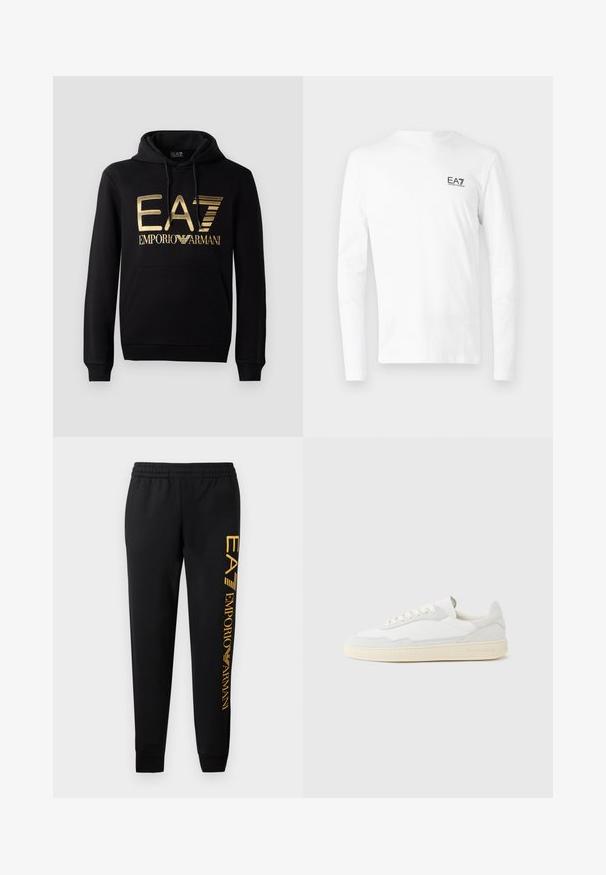 Sudadera negra con logo dorado de EA7 y texto "EMPORIO ARMANI" en la parte frontal. Incluye un bolsillo tipo canguro en la parte delantera y capucha con cordón.; Camiseta blanca de manga larga hecha de algodón, con un pequeño logo negro de EA7 en el lado izquierdo del pecho. Diseño simple con cuello redondo.; Pantalones de chándal negros con cintura elástica y bajos ajustados. Presentan un logotipo dorado vertical impreso en la pierna izquierda. Hechos de tela suave.; Zapatilla blanca con parte superior texturizada de ante y cuero. Presenta una puntera redondeada, cierre con cordones y suela de goma beige contrastante.