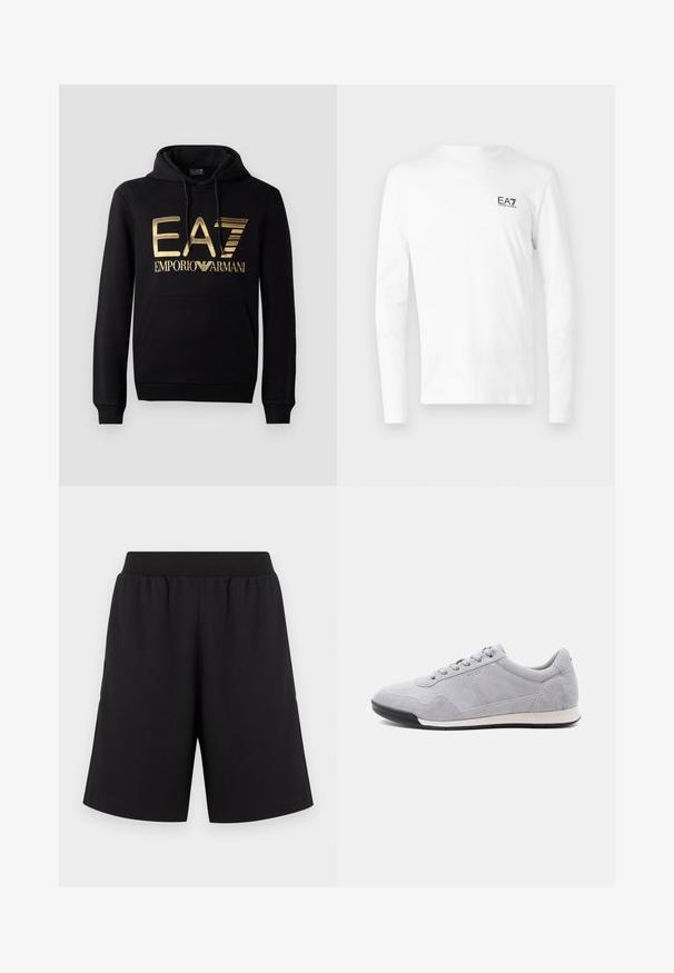 Čierna mikina s kapucňou, ktorá na prednej strane obsahuje zlaté logo EA7 a text "EMPORIO ARMANI". Má prednú vrecko s kangaroo a kapucňu so sťahovacou šnúrkou.; Biela dlhá mikina s rukávmi vyrobená z bavlny, s malým čiernym logom EA7 na ľavej strane hrudníka. Jednoduchý dizajn s okrúhlym výstrihom.; Čierne šortky s elastickým pásom, vyrobené z mäkkej látky, majú rovné nohavice bez výrazných vzorov alebo akcentov.; Svetlosivá semišová nízka teniska so šnurovaním vpredu, čiernou podrážkou vpredu, krémovou strednou podrážkou a vyrazeným logom "BOSS" na boku.
