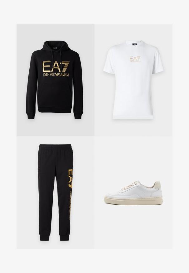 Sudadera negra con logo dorado de EA7 y texto "EMPORIO ARMANI" en la parte frontal. Incluye un bolsillo tipo canguro en la parte delantera y capucha con cordón.; Camiseta blanca de algodón con escote redondo y mangas cortas, con un logo dorado de EA7 Emporio Armani impreso en el frente.; Chandal negro hecho de tela suave, con cinturilla elástica y tobillos ajustados. Marca amarilla impresa verticalmente en la pierna izquierda.; Zapatilla blanca con parte superior de cuero suave, cordones beige y un tirador de talón de ante beige texturizado. Suela elevada para mayor altura.
