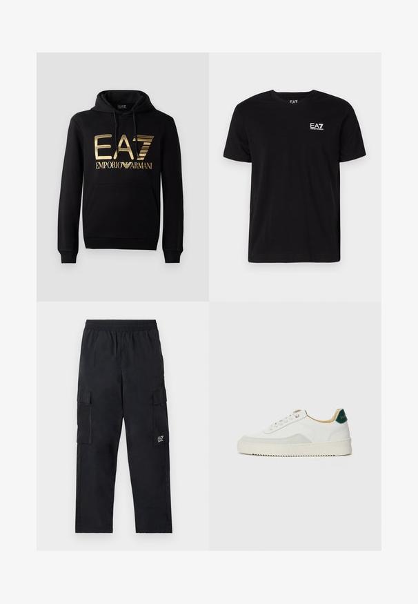 Čierna mikina s kapucňou, ktorá na prednej strane obsahuje zlaté logo EA7 a text "EMPORIO ARMANI". Má prednú vrecko s kangaroo a kapucňu so sťahovacou šnúrkou.; Čierne bavlnené tričko s výstrihom do V a krátkymi rukávmi. Na ľavej hrudi sa nachádza biele logo EA7. Hladká textúra, štandardný strih.; Čierne cargo nohavice s elastickým pásom, bočnými vreckami a malým logom na ľavej nohe. Vyrobené z ľahkej, hladkej tkaniny.; Biele tenisky s semišovými akcentmi, zaoblenou špičkou, plochými šnúrkami a krémovou gumovou podrážkou. Na päte sú zelené značky.