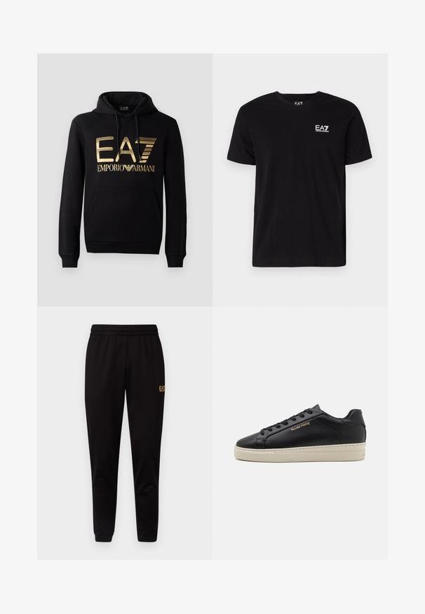 Sort hættejakke med et guld EA7-logo og "EMPORIO ARMANI" tekst på forsiden. Inkluderer en frontlomme og hætte med snore.; Sort bomulds T-shirt med v-hals og korte ærmer. Har et hvidt EA7-logo på venstre bryst. Glat tekstur, standard pasform.; Sorte sweatpants med elastisk talje, tætsiddende manchetter og et lille gult logo på den øverste venstre ben. Blødt, glat stof.; Sorte lædersneakers med en glat finish, kontrasterende cremefarvet sål, rund tå, guld logo på siden og seks huller til snørebånd.