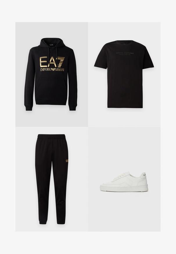 Zwarte hoodie met een gouden EA7-logo en de tekst "EMPORIO ARMANI" op de voorkant. Inclusief een voorste kangoeroezak en trekkoord voor de capuchon.; Zwarte katoen T-shirt met een ronde hals en korte mouwen. De voorkant heeft de ingedrukte tekst "ARMANI EXCHANGE MILANO / NEW YORK".; Zwarte sweatpants met een elastische tailleband, aangesloten boorden en een klein geel logo op het bovenste deel van het linkerdij. Zachte, gladde stofstructuur.; Witte leren sneaker met een gladde afwerking, ronde neus, platte veters en een gestructureerde zool. Kenmerkt zich door een subtiel logo op de hiel.