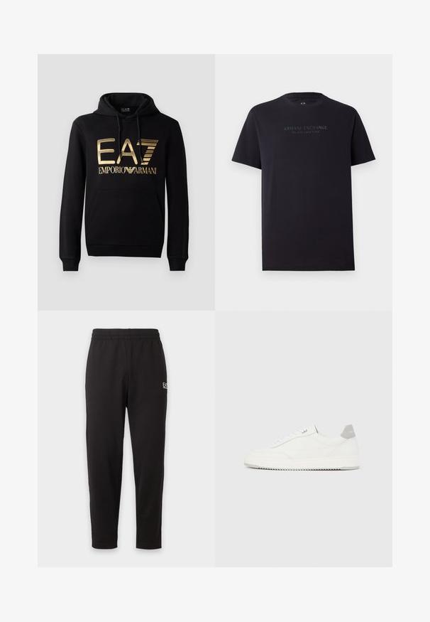 Must kärp, millel on esiküljel kuldne EA7 logo ja tekst "EMPORIO ARMANI". Sisaldab esimest taskut ja nööriga kapuutsi.; Mustmust värvi lühikeste varrukatega t-särk, ümar kaelus ja veidi vabam lõige. Esiküljel on tumehallis kirjas "ARMANI EXCHANGE MILANO / NEW YORK".; Mustad elastse elastse vööga dressipüksid kitsenevate säärte ja väikese valge logoga vasaku reie ülaosas.; Valge madala lõikega tennisking halli kandklambri, valgete paelte ja tekstuuriga tallaga, esitletud ühtlasel heledal taustal.