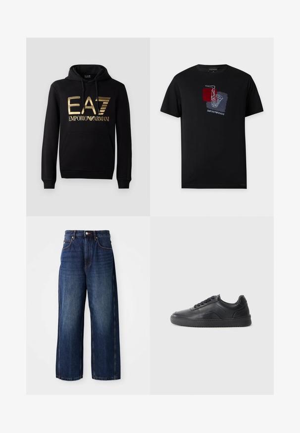 Must kärp, millel on esiküljel kuldne EA7 logo ja tekst "EMPORIO ARMANI". Sisaldab esimest taskut ja nööriga kapuutsi.; Must lühikeste varrukatega T-särk valge saksofoni visandiga punaste ja siniste ruutude kohal ning Emporio Armani logo disaini all.; Tumedast sinisest denimist laiad jalad teksad. Omavad klassikalist vöökohta koos vöörihmadega, eespool taskut ja sirget siluetti.; Must musta kingad sileda viimistlusega, ümar aadress, tekstuuriga külgpaneel ja mustad nöörid. Omab lame kummist tallat ja minimaalset disaini.