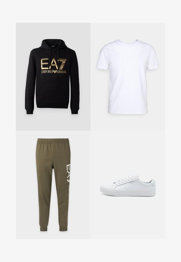 Sudadera negra con logo dorado de EA7 y texto "EMPORIO ARMANI" en la parte frontal. Incluye un bolsillo tipo canguro en la parte delantera y capucha con cordón.; Camiseta blanca de manga corta en tejido de algodón con cuello redondo. Diseño simple sin patrones ni acentos. Textura suave.; Pantalones jogger verde oliva con cintura y puños elásticos, con texto vertical blanco en la pierna derecha.; Zapatillas deportivas de cuero blanco con un acabado suave, diseño bajo, punta redonda y suela plana de goma. Con cordones planos y un branding mínimo.