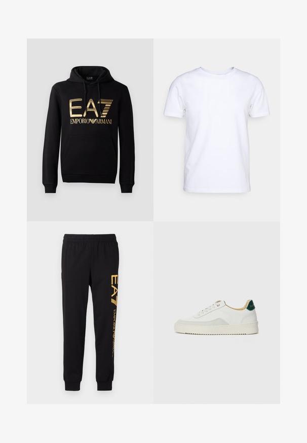 Čierna mikina s kapucňou, ktorá na prednej strane obsahuje zlaté logo EA7 a text "EMPORIO ARMANI". Má prednú vrecko s kangaroo a kapucňu so sťahovacou šnúrkou.; Biela kratkosrstá bavlnená tričko s okrúhlym výstrihom. Jednoduchý dizajn bez vzorov alebo akcentov. Hladká textúra.; Čierne teplákové nohavice vyrobené z mäkkej látky, s elastickým pásom a sťahovacími členkami. Žlté logo tlačené vertikálne na ľavej nohe.; Biele tenisky s semišovými akcentmi, zaoblenou špičkou, plochými šnúrkami a krémovou gumovou podrážkou. Na päte sú zelené značky.