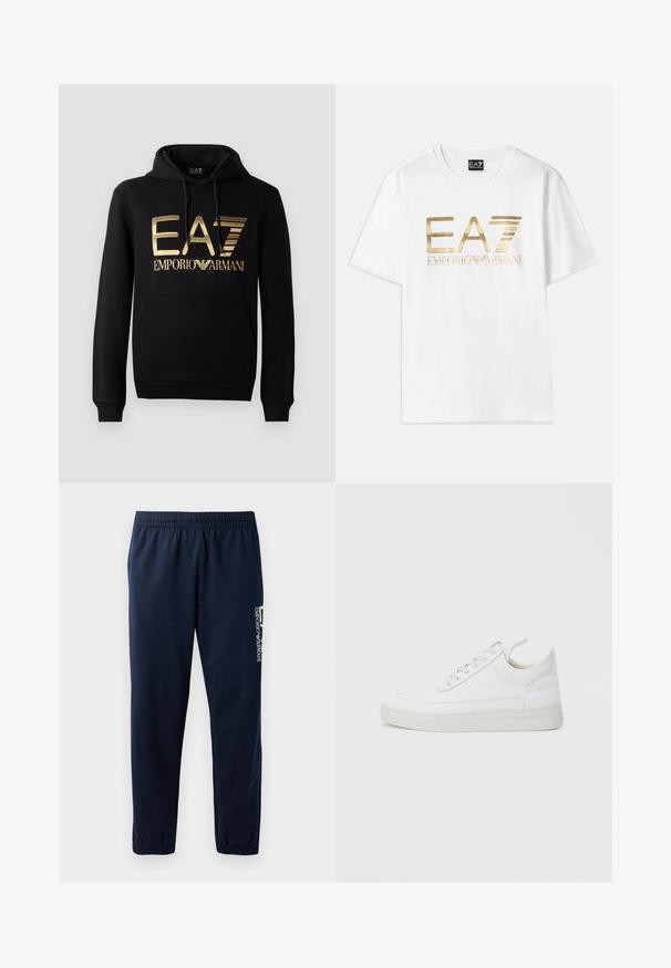 Sudadera negra con logo dorado de EA7 y texto "EMPORIO ARMANI" en la parte frontal. Incluye un bolsillo tipo canguro en la parte delantera y capucha con cordón.; Camiseta de algodón blanca con un gran logo metálico dorado "EA7" y el texto "EMPORIO ARMANI" debajo, con mangas cortas y cuello redondo.; Pantalones de chándal azul marino con cintura elástica, piernas ajustadas y un logo blanco en el lateral. Tejido suave con una textura ligera.; Zapatilla blanca de cuero con punta redondeada, suela plana y cierre de cordones. Presenta detalles de costuras y un cuello acolchado para mayor comodidad.