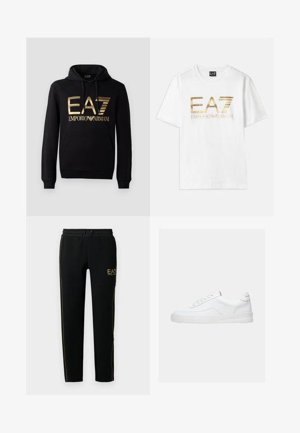Sudadera negra con logo dorado de EA7 y texto "EMPORIO ARMANI" en la parte frontal. Incluye un bolsillo tipo canguro en la parte delantera y capucha con cordón.; Camiseta de algodón blanca con un gran logo metálico dorado "EA7" y el texto "EMPORIO ARMANI" debajo, con mangas cortas y cuello redondo.; Los pantalones de chándal negros presentan un diseño entallado, una cinturilla elástica con cordón y franjas doradas en los costados y en el logo.; Zapatilla deportiva blanca de corte bajo con diseño con cordones, parte superior de cuero liso y suela gruesa, vista de lado sobre un fondo liso.