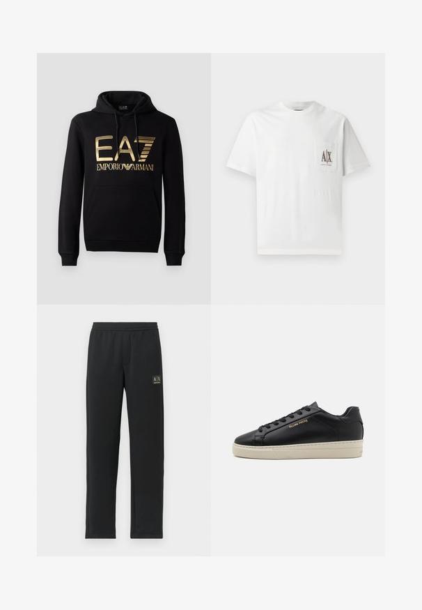Čierna mikina s kapucňou, ktorá na prednej strane obsahuje zlaté logo EA7 a text "EMPORIO ARMANI". Má prednú vrecko s kangaroo a kapucňu so sťahovacou šnúrkou.; Biela bavlnená tričko s krátkymi rukávmi, okrúhlym výstrihom a ľavým vreckom na hrudi s vyšitým logom "A|X" v hnedej farbe.; Čierne teplákové nohavice s rovnými nohavicami, elastickým pásom a čiernym nášivkou loga na hornej ľavej stehne.; Čierne kožené tenisky s hladkým povrchom, kontrastnou krémovou podrážkou, zaoblenou špičkou, zlatým logom na boku a šiestimi dierkami na šnúrky.