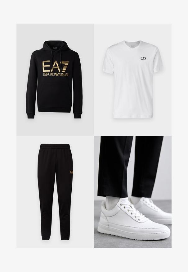 Sort hættejakke med et guld EA7-logo og "EMPORIO ARMANI" tekst på forsiden. Inkluderer en frontlomme og hætte med snore.; Hvid bomulds T-shirt med v-udskæring, korte ærmer, prydet med et sort EA7-logo på venstre bryst. Glat tekstur, enkelt design.; Sorte sweatpants med elastisk talje, tætsiddende manchetter og et lille gult logo på den øverste venstre ben. Blødt, glat stof.; Hvide lædersneakers med en flad gummisål, der har en glat overflade, rund tå og metaløjer til snørebånd. Bæret med sorte bukser.