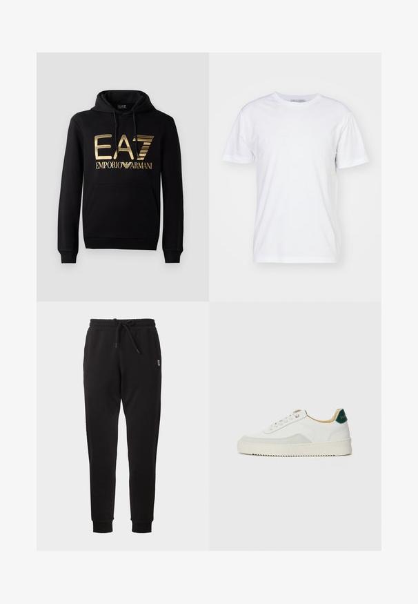 Must kärp, millel on esiküljel kuldne EA7 logo ja tekst "EMPORIO ARMANI". Sisaldab esimest taskut ja nööriga kapuutsi.; Valge puuvillane T-särk ümarate kaelustega, lühikeste varrukatega ja sirge lõikega. Ilma mustrite või kaunistusteta, sile tekstuur ja lihtne disain.; Mustad kitsenevad dressipüksid elastse vöökoha, nöör, küljetaskute ja soonikkoes mansettidega, esitatud ühevärvsel taustal.; Valged tennisjalanõud, millel on sametised aktsendid, ümar varvas, lame nöörid ja kreemjas kummine põhja. Hästi nähtav roheline bränding kannal.