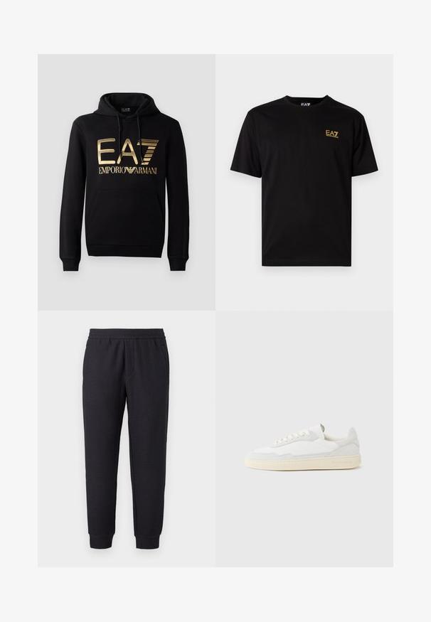 Must kärp, millel on esiküljel kuldne EA7 logo ja tekst "EMPORIO ARMANI". Sisaldab esimest taskut ja nööriga kapuutsi.; Mustrasti must t-särk lühikeste varrukatega, millel on vasakul rinnal väike kollane tikandiga logo. Klassikaline ümar kaelus.; Mustad kärbitud dressipüksid elastse vöörihma ja mansettidega, millel on peen tekstuuriga muster ja küljetaskud.; Valge tennisejalanõu, mille ülemine osa on valmistatud tekstuurse seemisnahast ja nahast. Omab ümarat ninaosa, paeltega sulgurit ja kontrastset beeži kummist tallaga.