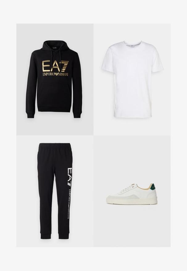 Zwarte hoodie met een gouden EA7-logo en de tekst "EMPORIO ARMANI" op de voorkant. Inclusief een voorste kangoeroezak en trekkoord voor de capuchon.; Witte t-shirt met korte mouwen, gemaakt van katoen. Heeft een ronde halslijn en een comfortabele pasvorm zonder zichtbare patronen of accessoires.; Zwarte sweatpants van rekbaar materiaal. Voorzien van een elastische tailleband, taps toelopende boorden en witte branding op het linkerbeen.; Witte sneaker met suède accenten, ronde neus, platte veters en een crème rubberen zool. Bevat groene branding op de hiel.