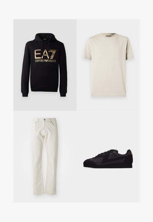 Must kärp, millel on esiküljel kuldne EA7 logo ja tekst "EMPORIO ARMANI". Sisaldab esimest taskut ja nööriga kapuutsi.; Lühikeste varrukatega T-särk helebeežis toonis, millel korduv „MK” logomuster. Ümar kaelus ja pehme, tekstuuriga kangas.; Heled helebežžinised, mis on valmistatud puuvillast, sirge jala disainiga, viie taskuga ja hõbedase metallist nööbiga sulgemisega.; Must madala lõuaga toss, millel ees paelad, sileda ja seemisnahast paneelid ning tekstuuriga tald valgel taustal.