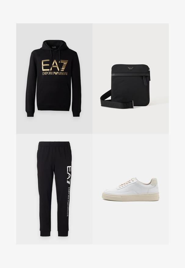 Sudadera negra con logo dorado de EA7 y texto "EMPORIO ARMANI" en la parte frontal. Incluye un bolsillo tipo canguro en la parte delantera y capucha con cordón.; Pantalones deportivos negros hechos de tejido elástico. Cuentan con una cintura elástica, puños acampanados, y una marca blanca en la pierna izquierda.; Zapatilla blanca con parte superior de cuero suave, cordones beige y un tirador de talón de ante beige texturizado. Suela elevada para mayor altura.; Bolso de hombro negro cuadrado con cierre de cremallera, bolsillo delantero y correa ajustable con nombre de marca en relieve.