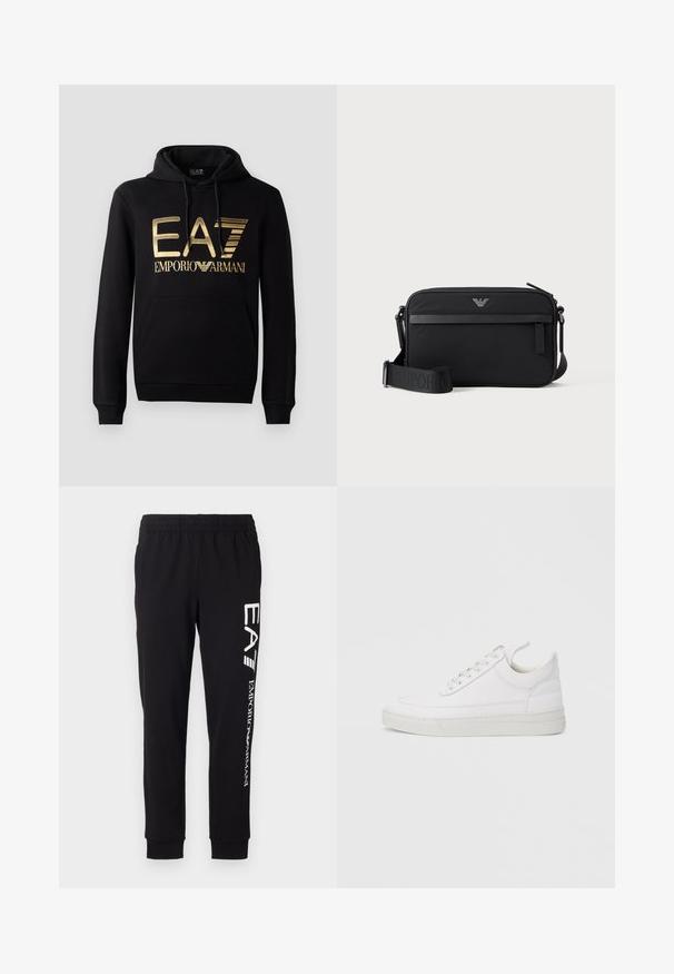 Must kärp, millel on esiküljel kuldne EA7 logo ja tekst "EMPORIO ARMANI". Sisaldab esimest taskut ja nööriga kapuutsi.; Mustad mustad, mis on valmistatud venivast kangast. Funktsioonideks on elastne vöökoht, kitsenevad varrukad ja valge bränding vasakul jalal.; Valge nahast tennisking ümarate varvastega, tasase tallaga ja eespaelaga. Omab õmbluste detaile ning pehmet ääreosa mugavuse tagamiseks.; Must ristkülikukujuline õlakott, esiosal luku tasku, reguleeritav rihm ja väike metallist logo ülaservas keskel.