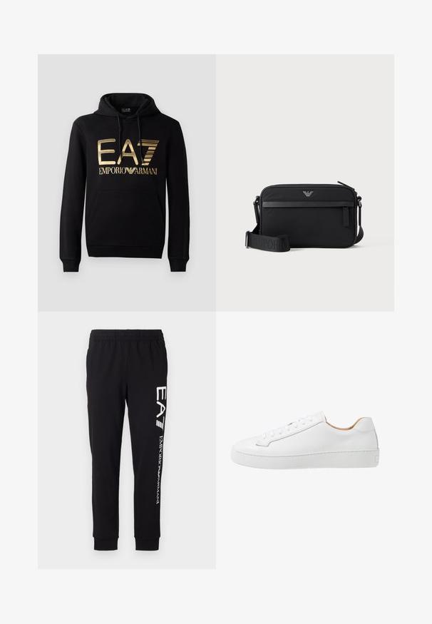 Zwarte hoodie met een gouden EA7-logo en de tekst "EMPORIO ARMANI" op de voorkant. Inclusief een voorste kangoeroezak en trekkoord voor de capuchon.; Zwarte sweatpants van rekbaar materiaal. Voorzien van een elastische tailleband, taps toelopende boorden en witte branding op het linkerbeen.; Witte leren sneaker met een gladde afwerking, ronde neus, platte vetersluiting en een dikke rubberen zool met een gestructureerd grippatroon.; Zwarte rechthoekige crossbodytas met voorvak met rits, verstelbare schouderriem en klein metalen logo bovenaan in het midden.