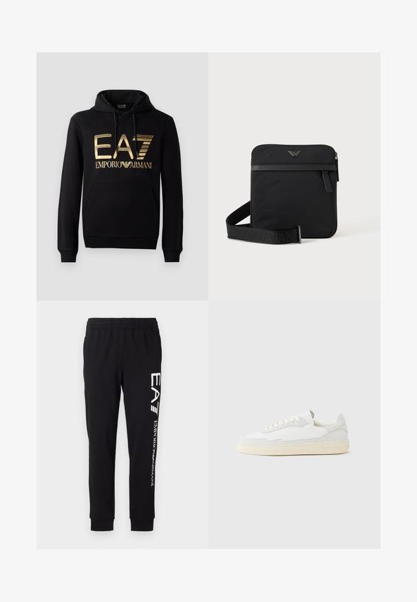 Must kärp, millel on esiküljel kuldne EA7 logo ja tekst "EMPORIO ARMANI". Sisaldab esimest taskut ja nööriga kapuutsi.; Mustad mustad, mis on valmistatud venivast kangast. Funktsioonideks on elastne vöökoht, kitsenevad varrukad ja valge bränding vasakul jalal.; Valge tennisejalanõu, mille ülemine osa on valmistatud tekstuurse seemisnahast ja nahast. Omab ümarat ninaosa, paeltega sulgurit ja kontrastset beeži kummist tallaga.; Must ruudukujuline õlakott tõmblukuga, esitasku ja reguleeritava rihmaga, millel on reljeefne kaubamärgi nimi.