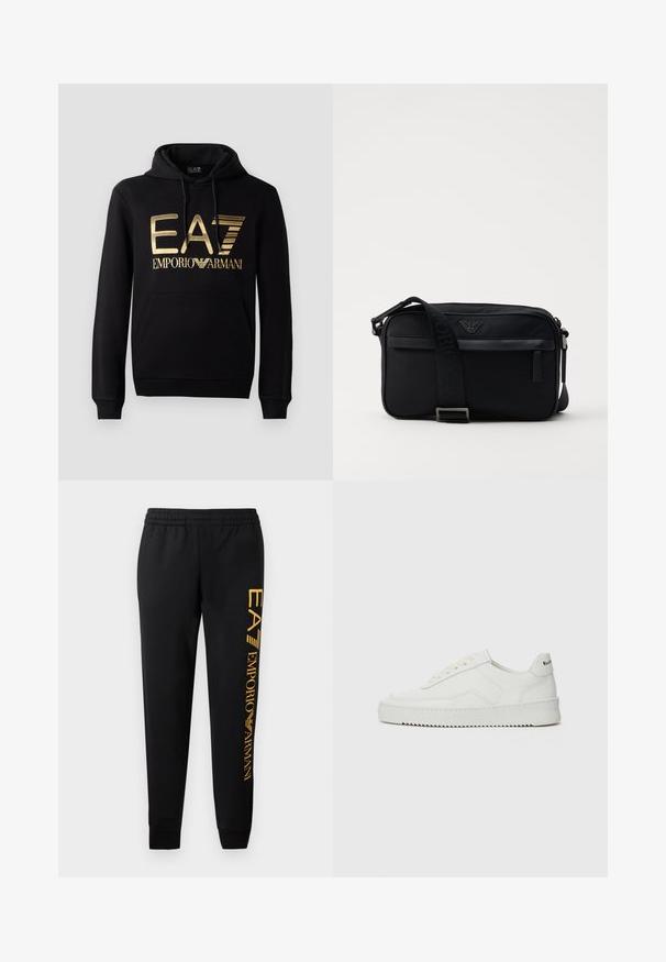 Zwarte hoodie met een gouden EA7-logo en de tekst "EMPORIO ARMANI" op de voorkant. Inclusief een voorste kangoeroezak en trekkoord voor de capuchon.; Zwarte sweatpants met elastische tailleband en aangesloten boorden. Heeft een verticale gouden logoprint op het linkerpant. Gemaakt van zachte stof.; Witte leren sneaker met een gladde afwerking, ronde neus, platte veters en een gestructureerde zool. Kenmerkt zich door een subtiel logo op de hiel.; Zwarte nylon schoudertas met een contrasterende schouderband, een slank rechthoekig ontwerp, een logo-detail en een ritszak aan de voorkant.