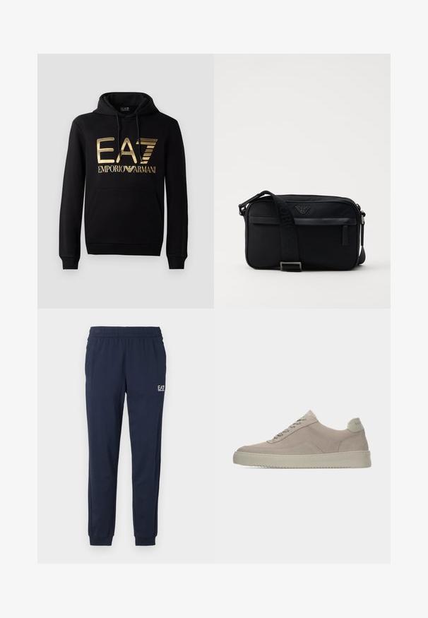 Zwarte hoodie met een gouden EA7-logo en de tekst "EMPORIO ARMANI" op de voorkant. Inclusief een voorste kangoeroezak en trekkoord voor de capuchon.; Marineblauwe sweatpants met een elastische tailleband en boorden. Voorzien van een klein wit logo op het linkerpant. Gemaakt van een zachte, rekbare stof.; Beige suède sneakers met een gestructureerde afwerking, ronde neus en tonale veters. Voorzien van een dikke rubberen zool en subtiele branding op de hiel.; Zwarte nylon schoudertas met een contrasterende schouderband, een slank rechthoekig ontwerp, een logo-detail en een ritszak aan de voorkant.