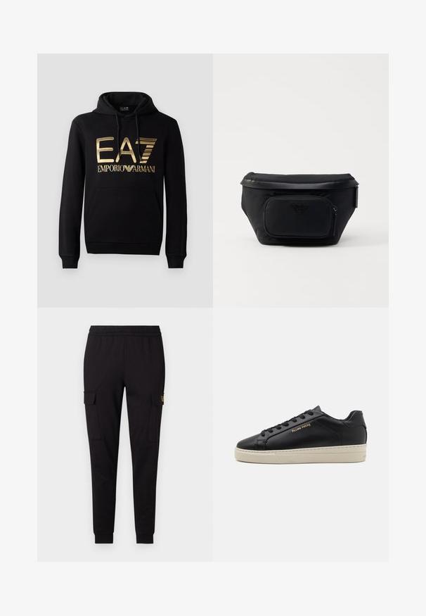 Must kärp, millel on esiküljel kuldne EA7 logo ja tekst "EMPORIO ARMANI". Sisaldab esimest taskut ja nööriga kapuutsi.; Mustad mustadest särk, mis on valmistatud pehmest kangast, kitsenevate jalgade kujundusega ja kahe külge nõgesepocketiga, millel on üksildane logo.; Must have nahkased jalatsid sujuva viimistlusega, kontrastse kreemja talla, ümarate varvastega, kuldse logoga külgedel ja kuue silmaga nööride jaoks.; Must must nahk tõmblukuga esikoti ja siledat tekstuuri kaunistav logo. Struktureeritud disain, millel on volditav üleosa.