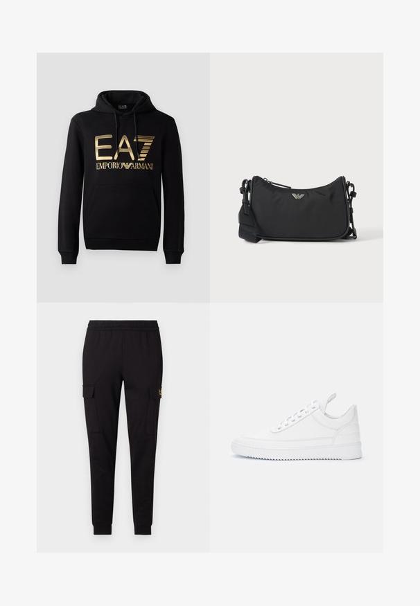 Čierna mikina s kapucňou, ktorá na prednej strane obsahuje zlaté logo EA7 a text "EMPORIO ARMANI". Má prednú vrecko s kangaroo a kapucňu so sťahovacou šnúrkou.; Čierne tepláky vyrobené z mäkkej tkaniny, so zúženým strihom nohavíc a dvoma bočnými cargo vreckami s jemným logom na jednom vrecku.; Biele nízke tenisky so šnurovaním, prešívanými detailmi, pútkom na päte a drážkovanou podrážkou na jednoduchom svetlom pozadí.; Čierna obdĺžniková crossbody taška so strieborným logom značky a nastaviteľným popruhom na svetlom pozadí.