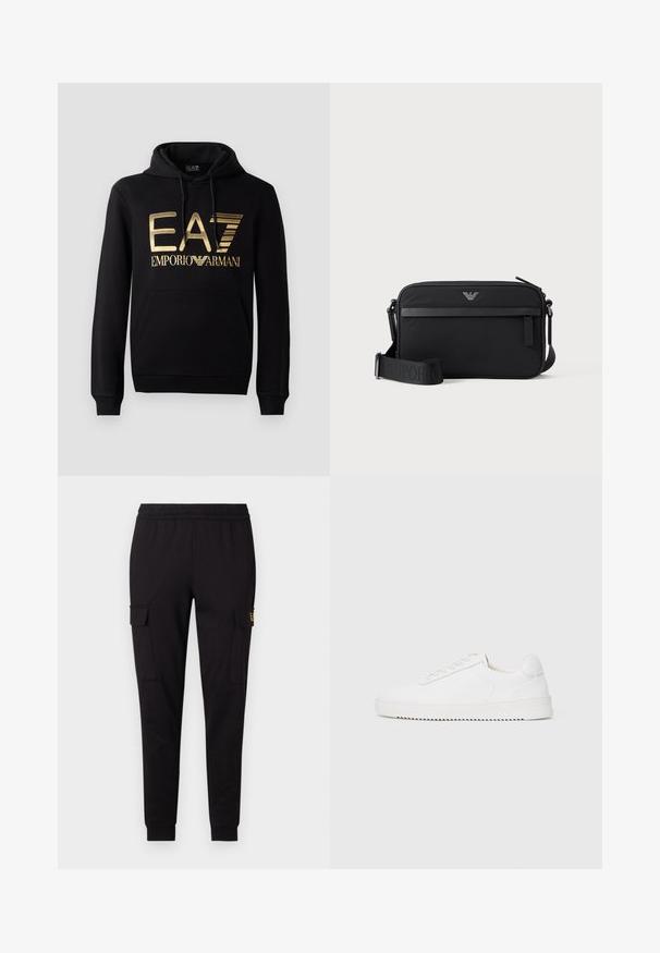 Must kärp, millel on esiküljel kuldne EA7 logo ja tekst "EMPORIO ARMANI". Sisaldab esimest taskut ja nööriga kapuutsi.; Mustad mustadest särk, mis on valmistatud pehmest kangast, kitsenevate jalgade kujundusega ja kahe külge nõgesepocketiga, millel on üksildane logo.; Valge jooksutoss, millel on siledast nahast ülemine osa, ümmargune nina, paelad, tekstuuriga küljeaktsendid ja paks kummitald. Minimalistlik disain.; Must ristkülikukujuline õlakott, esiosal luku tasku, reguleeritav rihm ja väike metallist logo ülaservas keskel.
