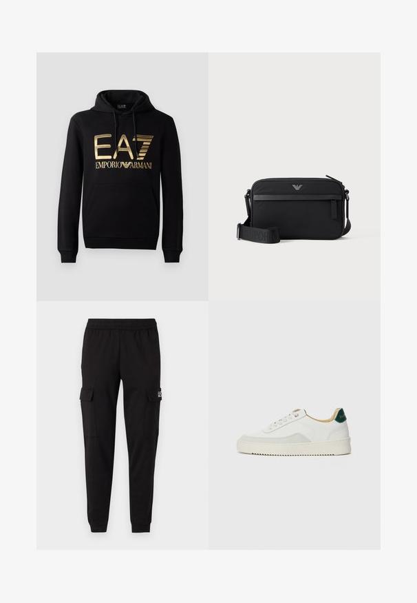 Čierna mikina s kapucňou, ktorá na prednej strane obsahuje zlaté logo EA7 a text "EMPORIO ARMANI". Má prednú vrecko s kangaroo a kapucňu so sťahovacou šnúrkou.; Čierne cargo nohavice s elastickým pásom, dvoma bočnými vreckami a logom na ľavej strane. Hladká textúra, zúžené na členkoch.; Biele tenisky s semišovými akcentmi, zaoblenou špičkou, plochými šnúrkami a krémovou gumovou podrážkou. Na päte sú zelené značky.; Čierna obdĺžniková crossbody taška s predným vreckom na zips, nastaviteľným popruhom a malým kovovým logom v hornej strede.