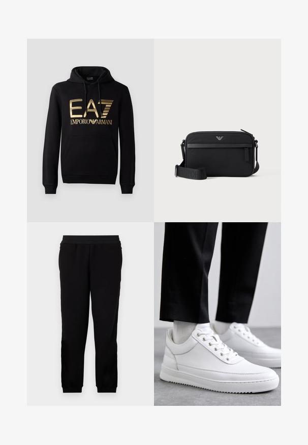 Zwarte hoodie met een gouden EA7-logo en de tekst "EMPORIO ARMANI" op de voorkant. Inclusief een voorste kangoeroezak en trekkoord voor de capuchon.; Zwarte sportbroek gemaakt van zachte stof, met een elastische tailleband, getailleerde manchetten en zijzakken voor extra gemak.; Witte leren sneakers met een platte rubberen zool, met een soepele afwerking, ronde neus en metalen oogjes voor de veters. Draag ze met een zwarte broek.; Zwarte rechthoekige crossbodytas met voorvak met rits, verstelbare schouderriem en klein metalen logo bovenaan in het midden.