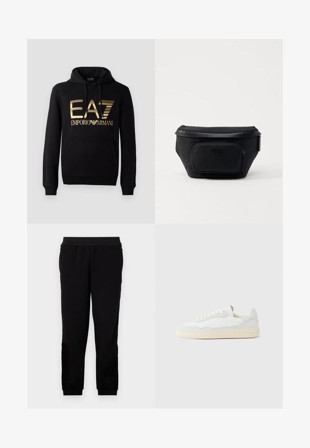 Zwarte hoodie met een gouden EA7-logo en de tekst "EMPORIO ARMANI" op de voorkant. Inclusief een voorste kangoeroezak en trekkoord voor de capuchon.; Zwarte sportbroek gemaakt van zachte stof, met een elastische tailleband, getailleerde manchetten en zijzakken voor extra gemak.; Witte sneaker met een bovenwerk van gestructureerd suède en leer. Voorzien van een afgeronde neus, vetersluiting en een contrasterende beige rubberen zool.; Zwarte nylon tas met een voorzak van rits, met een gladde textuur en een logo-accent. Gestructureerd ontwerp met een omslag bovenkant.