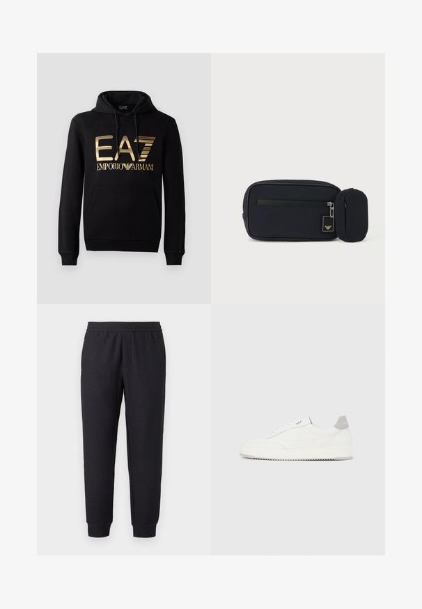 Sort hættejakke med et guld EA7-logo og "EMPORIO ARMANI" tekst på forsiden. Inkluderer en frontlomme og hætte med snore.; Sorte, tilspidsede joggingbukser med elastisk talje og buksekant, med et diskret tekstureret mønster og sidelommer.; Hvid lavtop-sneaker med gråt hælflig, hvide snørebånd og tekstureret sål, vist på en ensfarvet lys baggrund.; Sort rektangulær pung med frontlynlås og lille tilknyttet rundet pung mod en ensartet lys baggrund.