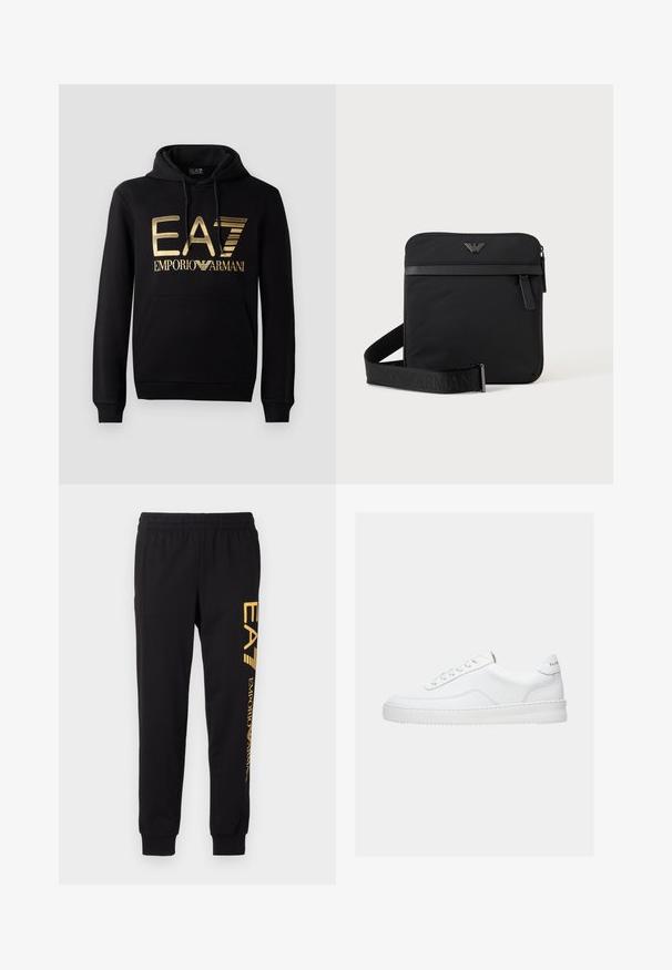 Sort hættejakke med et guld EA7-logo og "EMPORIO ARMANI" tekst på forsiden. Inkluderer en frontlomme og hætte med snore.; Sorte sweatpants lavet af blødt stof, med elastisk talje og afsluttede ankler. Gul branding trykt lodret på venstre ben.; Hvid lavt sneaker med snørelukning, glat læderoverdel og tyk sål, vist fra siden på en ensfarvet baggrund.; Sort firkantet skuldertaske med lynlås, frontlomme og justerbar rem med præget brandnavn.